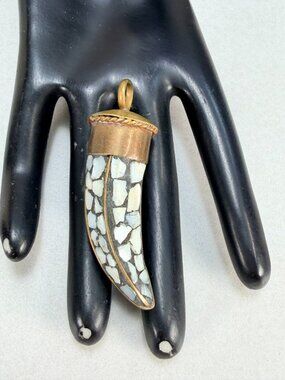 Vintage White Mosaic Horn Pendant Brass Inlay Boho Tribal Statement Necklace